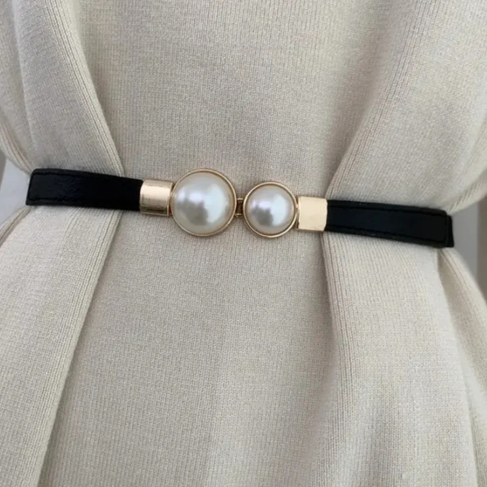 Elegant Black and Gold Stretch Belt with Pearl Accents